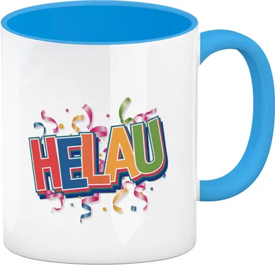 Produktbild von Helau Kaffeebecher in hellblau mit buntem Konfetti-Design