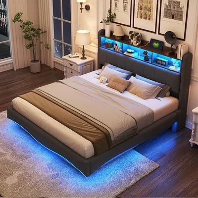 Produktbild von Polsterbett 160x200cm mit L-E-D und USB Aufladen, Doppelbett Bettgestell mit Lattenrost und Stauraum Kopfteil, Leinenstoff, Stauraumbett Jugendbett, Grau,ohne Matratze