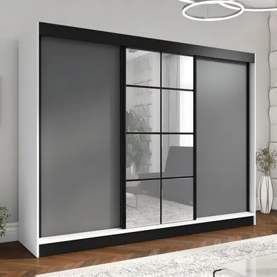 Produktbild von ORAVELLE 200 cm Weiß / Graphit 2, 3-türiger Kleiderschrank mit Spiegel, 4 Schubladen und Kleiderstangen – Funktionalität und Eleganz!