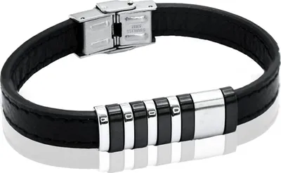 Produktbild von Karisma Männer Schwarzes Lederarmband Edelstahlelemente Länge 21cm - Silber und Schwarz