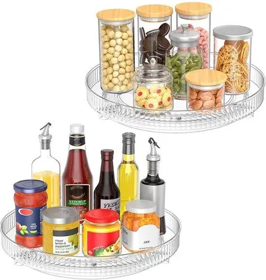 Image de Unyqoos® : Lot de 2 plateaux tournants de 24 cm, rotatifs à 360°, antidérapants, pour la cuisine et le réfrigérateur, sans BPA (PET/PVC/acier inoxydable), idéaux pour les épices et les bouteilles