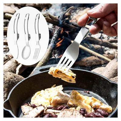 Produktbild von Faltbares 3-in-1-Campingbesteck - Klapplöffel und Gabel aus Edelstahl - tragbares Besteck für den Einsatz im Freien