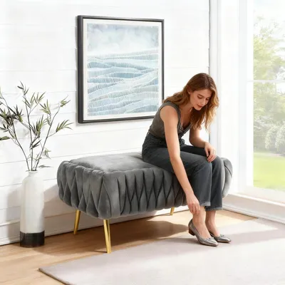 Image de Banc avec rangement, revêtement en velours, gris, dimensions 105x20x44 cm, capacité de charge jusqu'à 300 kg