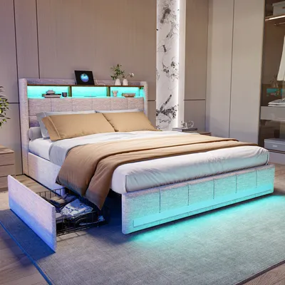 Zdjęcie produktu dla Łóżko tapicerowane 160x200 z LED i USB, łóżko podwójne z 4 szufladami do przechowywania, tapicerowane wezgłowie z półką, łóżko do przechowywania łóżko metalowe łóżko młodzieżowe rama łóżka, aksamitna tkanina (beżowy, 160×200 cm)