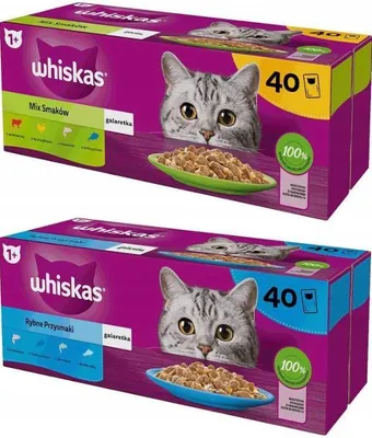 Zdjęcie produktu dla Whiskas karma dla kota smaki rybne 40x 85g + Whiskas Mix Smaków w galaretce 40x 85g zestaw mokrej karmy dla dorosłych kotów w saszetkach