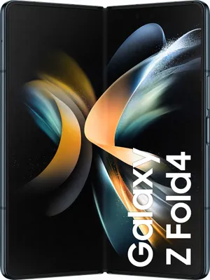 A Samsung Galaxy Z Fold4 smartphone is shown unfolded with a colorful abstract background.