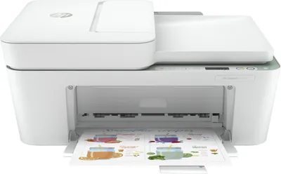 A white HP DeskJet 4122e All-in-One printer is shown from the front, with a printed document partially extended from the output tray.