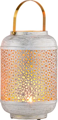 Produktbild von Marrakesch Boho Deko Windlicht Laterne 23cm rund aus Metall in weiß | Teelichthalter als Tischdeko Wohnzimmer Deko | Kerzenhalter Windlichter Anago als Balkon Terrasse & Garten Aesthetic Gartendeko