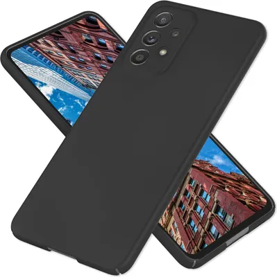 A black smartphone case is shown diagonally, with two phones visible underneath, displaying a building facade.
