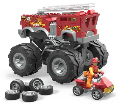Immagine prodotto di Costrux HHD19 Hot Wheels, set da costruzione "5-Alarm", camion dei pompieri, monster truck, auto giocattolo con 2 figure di pompieri e accessori, adatto a bambini dai 5 anni in su