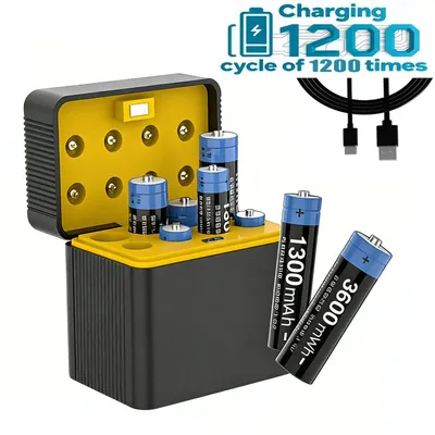 Image de Piles rechargeables au lithium AA, lot de 8 piles AA et AAA au lithium de 1,5 V avec chargeur, plus de 1 200 cycles et une capacité réelle élevée de 3 600 mAh. Piles rechargeables Li-Ion AA