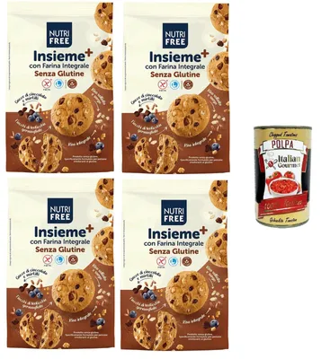 Produktbild von Nutrifree Insieme+ Biscotti con Farina integrale con Gocce di cioccolato e Mirtilli Kekse aus Vollkornmehl mit Schokoladenstückchen und Blaubeeren 4x250gr + Italian Gourmet polpa 400g