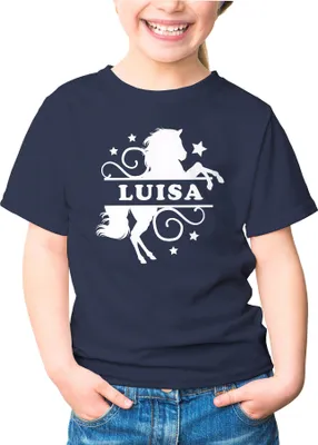 Produktbild von Kinder T-Shirt Mädchen Pferd Motiv eigener Name personalisierbares Geschenk für Mädchen Reiten Moonworks® navy 129-140 (9-10 Jahre)