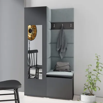 Produktbild von Garderoben-Set "Iga", Moderner Kleiderschrank mit Polsterplatten und Schuhschrank – Ideal für Flur und Eingangsbereich (Graphit, Trinity 14)