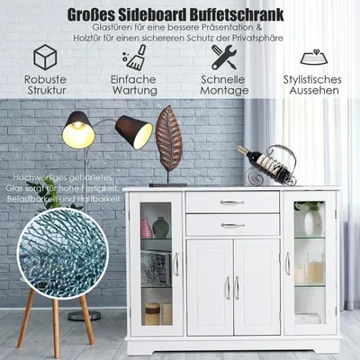 Zdjęcie produktu dla Drewniana szafka do przechowywania z drzwiami i szufladami ze szkła hartowanego w kolorze białym
