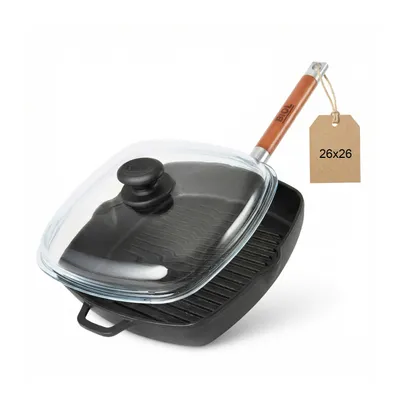 Zdjęcie produktu dla BIOL Kwadratowa patelnia grillowa z żeliwa 26×26 cm z pokrywką szklaną