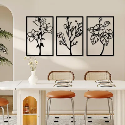 Metall Wanddeko 3er Set Blumen Draht Skulptur Schwarz