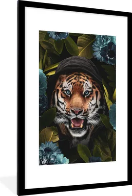 Produktbild von MuchoWow® MuchoWow® Gerahmtes Poster Tiger - Blumen - Pflanzen 60x90 cm - Poster mit zchwarzem Bilderrahmen - Dekoration - Wandposter Wohnzimmer - Hochwertig