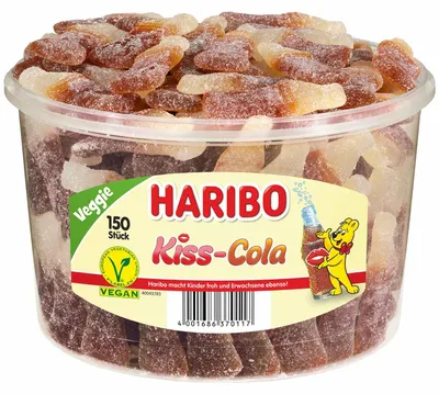 Produktbild von Haribo Kiss-Cola, Gummibärchen, 1,35 kg, Cola, Mehrfarbig, 1436 kJ, 338 kcal