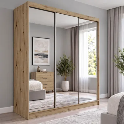 Obrázek produktu pro BEAUTYSOFA šatní skříň s posuvnými dveřmi DEBRA 180 cm - šatní skříň se zásuvkami a zrcadlem (Artisan)
