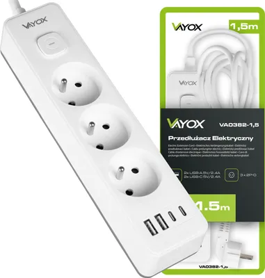 Produktbild von Vayox VA0382 Steckdosenleiste Steckerleiste 1.5M 3 Fach, 3x1.5mm 16A + 2x USB-A + 2x USB-C