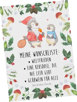 Produktbild von Mr. & Mrs. Panda Grußkarte Pinguin Wunschliste - Weiß - Geschenk, Postkarten, Fotokarte, Ansichtskarte, Ansichtskarten, Weihnachten, Postkarte