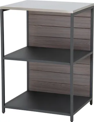 A three-tiered shelving unit with a wood-paneled back and a light-colored top surface, presented against a white background.