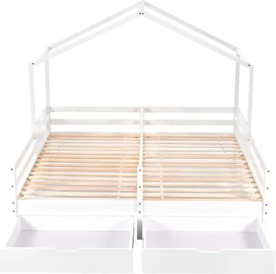 Produktbild von Flieks Massivholzbett Hausbett Kinderbett Doppelbett Einzelbett mit Lattenrost und 2 MDF-Schubladen, Kinderbett 90x200cm weiß ohne Matratze