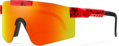 A pair of sport sunglasses with a mirrored, gradient lens and red frames with black speckles.