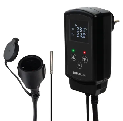 Produktbild von Heatcom HC200 UNI Steckdosenthermostat IP44 mit Fühler, Zeitprogramm, 3000 W