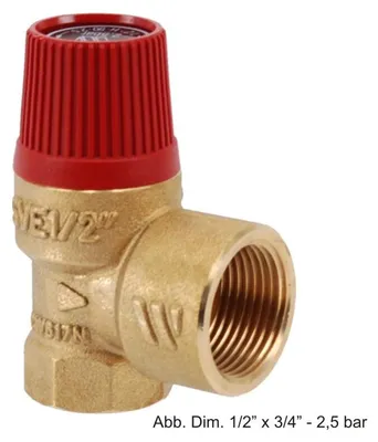 A close-up studio shot of a brass safety valve with a red cap.