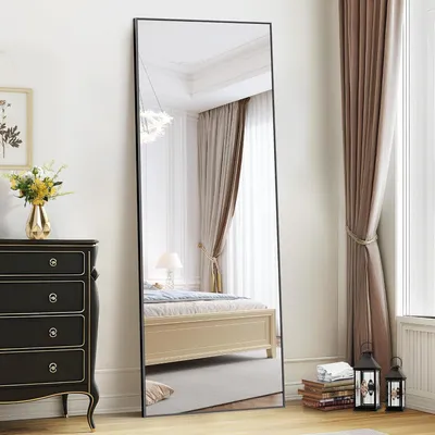 Obrázok produktu pre Zrkadlo, celé telo, 165 x 60 cm, nástenné alebo stojace zrkadlo s hliníkovým rámom, čierne, obdĺžnikové, vhodné do predsiene, posilňovne alebo spálne