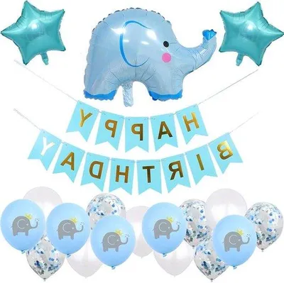 Obrázok produktu pre Dekorácia na narodeniny – balóniky so slonmi, girlanda „Happy Birthday“, oslava narodenia chlapčeka