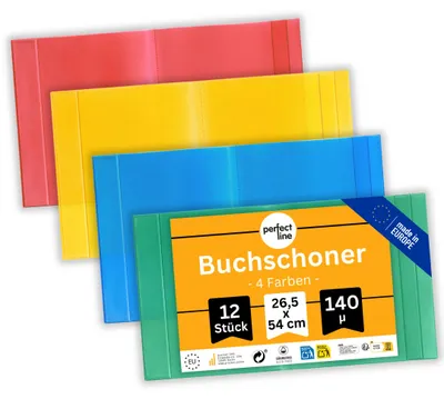 Produktbild von perfect line 12x Buchumschlag 26,5 cm Höhe bunt, 4 Farben - Schulbuchhülle glasklar, PP