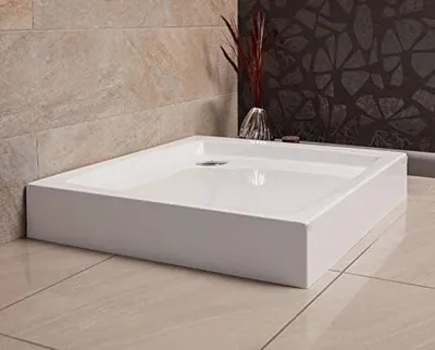 Produktbild von ECOLAM Duschwanne Duschtasse flach Patio Viereck quadratisch 80x80 x16 cm Tiefe 5 cm Acryl weiß + Siphon + Silikon