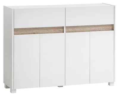 Kommode, 4 Türen, 2 Schubladen, Holz, Weiß, 112,2x33x84,8 cm