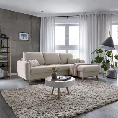 Image de MIUFORM Scandic Lagom - Canapé d'angle avec fonction lit et coffre de lit L-FORME DROITE - 235x157cm - Beige - Canapé-lit Canapé