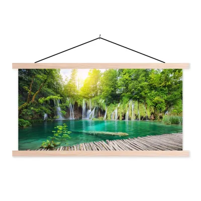 Produktbild von MuchoWow® Textilposter Brücke - Wasserfall - Natur 60x30 cm mit holzfarbenen Rahmen - Dekoration