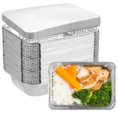 Immagine prodotto di 50 contenitori in alluminio con coperchio, ideali per la cottura al forno e in cucina