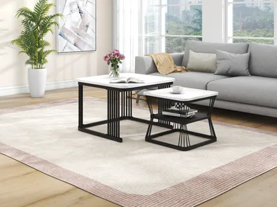 Produktbild von STILVORA Beistelltisch 2er-Set – Couchtisch/Wohnzimmertisch in Marmoroptik,Sofatisch mit Stahlrohrgestell,65 × 65 × 45 cm & 45 × 45 × 39,5 cm,Weiß/Schwarz