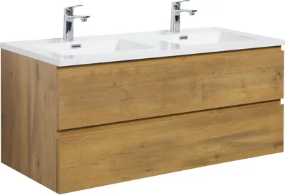 Image de Ensemble de meubles de salle de bain Badplaats avec lavabo et meuble sous lavabo Angela 120 x 48 cm chêne - Meuble sous lavabo avec fermeture douce et double lavabo, pré-monté
