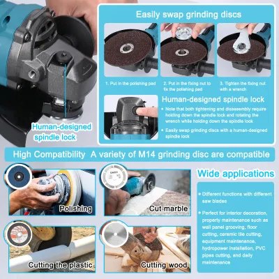 Image de 21V 125mm M14 Angle Grinder Brushless Motor Electric Grinding Tool Multifunctional Lithium Cutting Machine Utility Power Tool for Cutting Polishing Ceramic Tile Wood Stone Steel