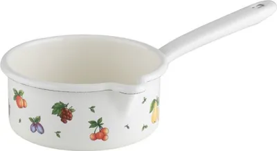 A white saucepan with a handle decorated with various fruits.