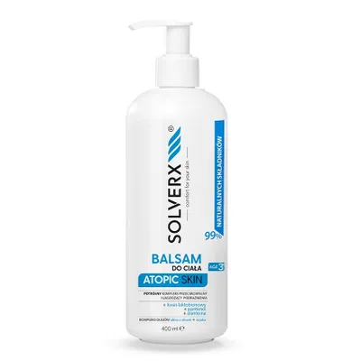 A white bottle of SOLVERX body lotion for atopic skin.