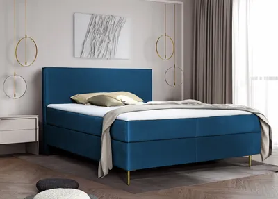 Produktbild von Boxspringbett 180 x 200 cm mit Matratze und Topper, minimalistischem Design, Bonellmatratzen H3 Blau Liguria