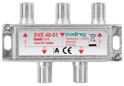 Imagen del producto de Divisor de señal satelital de 4 salidas con paso de corriente continua para sistemas satelitales DVB-T2 HD (5-2400 MHz),