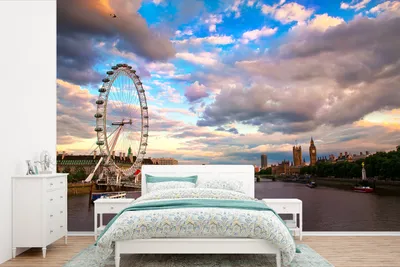 Produktbild von MuchoWow® Fototapete für Wohnzimmer oder Schlafzimmer Wandtapete Vinyl Motivtapete Weiße Wolkenformation über dem London Eye in London - 330x220 cm - Fototapeten