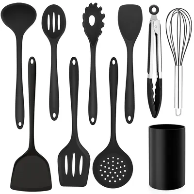 Produktbild von Küchenhelfer-Set, 10-teiliges Silikon-Küchenhelfer-Set mit Halter, Antihaftbeschichtung, hitzebeständiges Kochgeschirr zum Kochen und Backen, schwarz