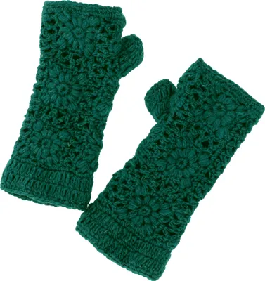 Produktbild von Gehäkelte Handstulpen Blümchen, Armstulpen aus Schurwolle, Pulswärmer - Dunkelgrün, Uni, Handschuhe & Handstulpen
