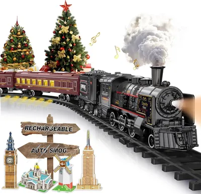 Immagine prodotto di Nuovo classico set di binari del treno: il set include 1 motore a vapore locomotiva interamente in lega, 1 carrello a carbone e 2 carrozze passegg